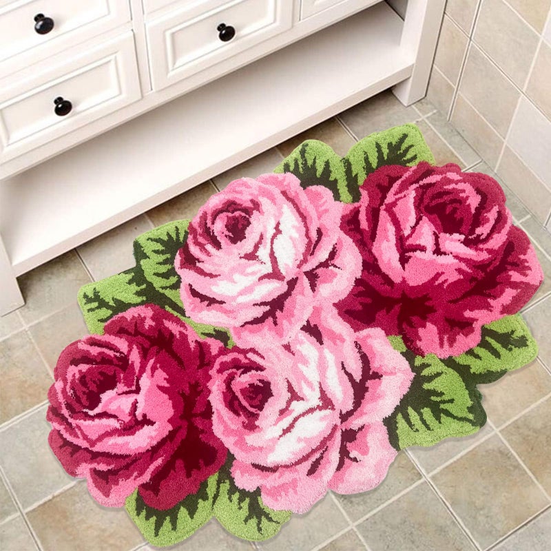USTIDE Pink Flower Rug, Non Slip Washable Bathroom Mat, Vintage Pink Bath Mat, Bath Rug Set, Area Rug with Rose for Living Room Bedroom Girls Room Kitchen (2FTx3.6FT) - Image 3